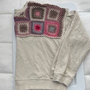 Lucky Brand Cream Sweatshirt with Pink & Brown Crochet Yoke